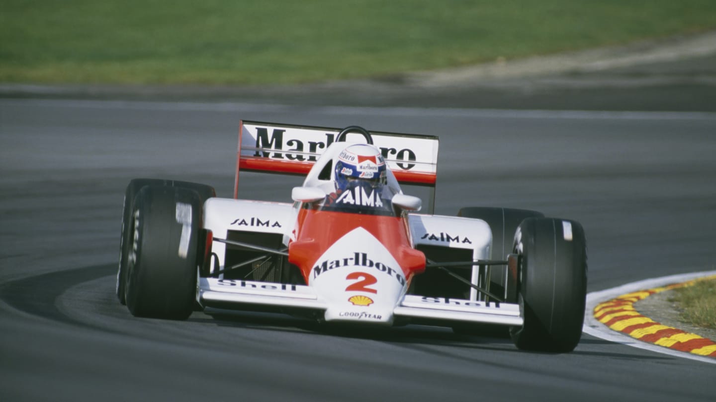 French racing driver Alain Prost driving a Marlboro McLaren in the European Grand Prix at Brands